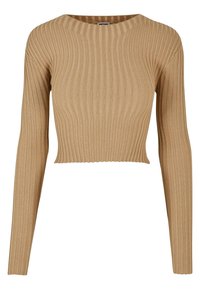 Pull court beige en maille côtelée avec manches longues et col rond, coupe ajustée.