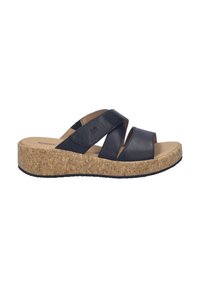 Sandales à enfiler en cuir noir avec des brides croisées, une semelle compensée en liège et une semelle extérieure en caoutchouc texturé pour une meilleure adhérence. Dotées d'une semelle intérieure douce.