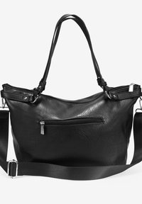 Bolso de mano negro de piel con un acabado texturizado, que cuenta con dos asas y una correa ajustable, bolsillos con cremallera y acentos de hardware en plata.