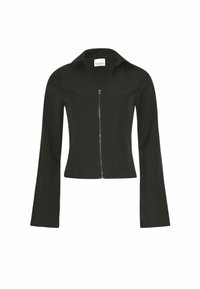 Melnā pieguļošā jaka ar rāvējslēdzēju priekšā, garām piedurknēm un apkakli. Izgatavota no gludas auduma ar strukturētu dizainu un bez papildus rakstiem.