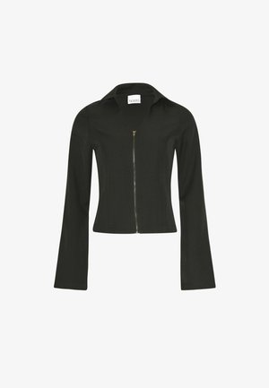 Schwarze taillierte Jacke mit einem Reißverschluss vorne, langen Ärmeln und einem Kragen. Hergestellt aus glattem Stoff mit einem strukturierten Design und ohne zusätzliche Muster.