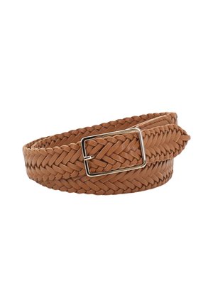 Woven tan leather belt with a rectangular silver buckle, featuring a textured pattern and a flexible, layered design.