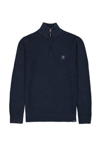 Marineblauer gestrickter Pullover mit hohem Kragen und einem halben Reißverschluss. Verfügt über strukturierten Stoff sowie gerippte Bündchen und Saum. Kleines Logo auf der Brust.