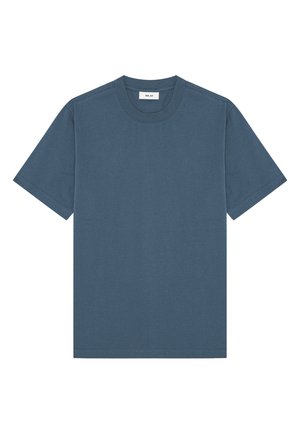 Blaues Baumwoll-T-Shirt mit Rundhalsausschnitt, kurzen Ärmeln und geradem Saum. Glatte Textur ohne Muster oder zusätzliche Akzente.