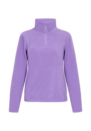 Levandų spalvos pūkų džemperis su ilgomis rankovėmis ir ketvirtine užtrauktuko apykakle, pateiktas prieš baltą foną.