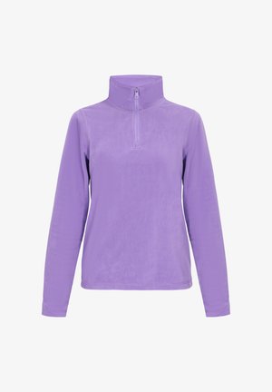 Lavendel fleece pullover med lange ærmer og halv lynlås højt krave, vist mod en hvid baggrund.