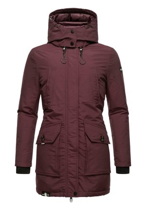 Burgundy parka with a high collar, hood, two large front pockets, and elastic cuffs. Features a smooth texture and zippers for closure.