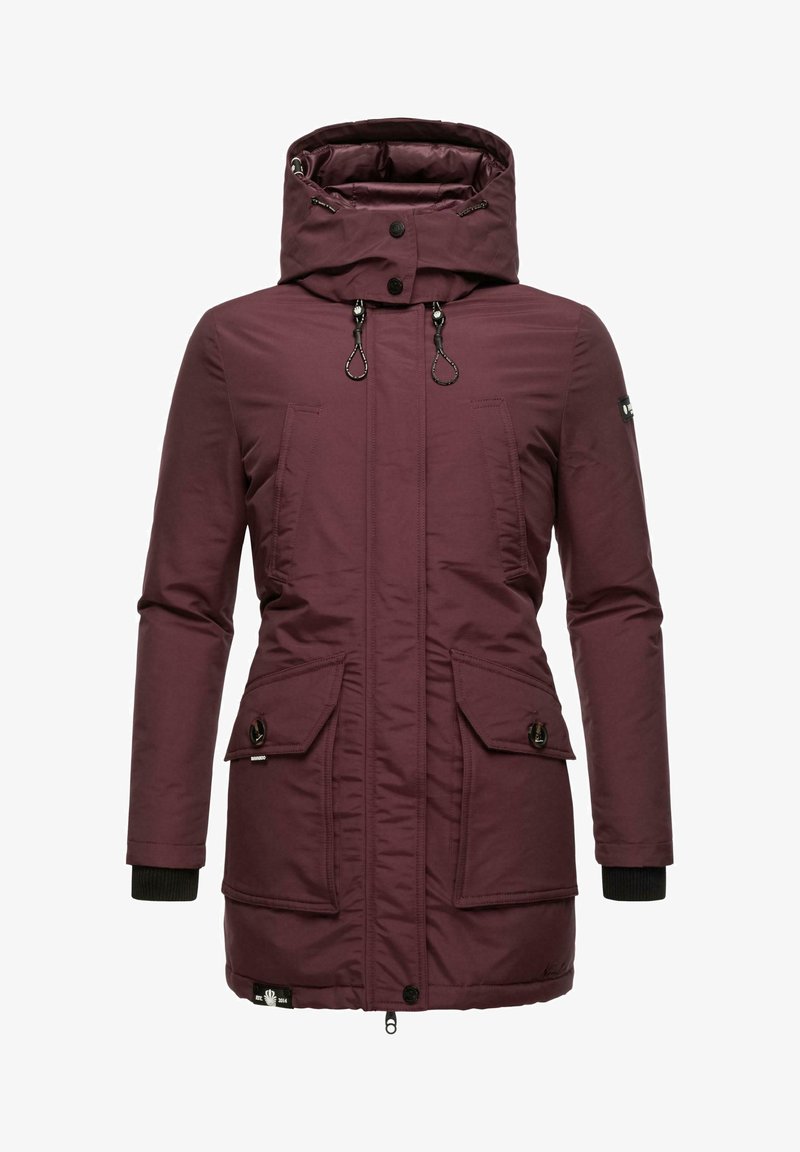Burgundy parka with a high collar, hood, two large front pockets, and elastic cuffs. Features a smooth texture and zippers for closure.