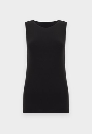 Ärmelloses schwarzes Tanktop mit rundem Ausschnitt, flach auf einem weißen Hintergrund präsentiert.