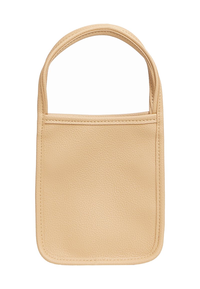 Borsa a mano in pelle beige con una finitura liscia e texture. Presenta un manico rotondo singolo e una forma rettangolare leggermente strutturata.