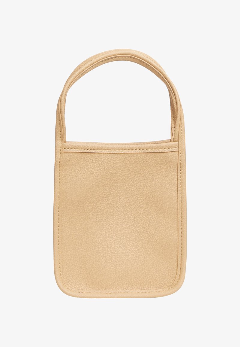 Borsa a mano in pelle beige con una finitura liscia e texture. Presenta un manico rotondo singolo e una forma rettangolare leggermente strutturata.
