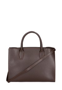 Borsa a mano in pelle marrone con superficie testurizzata, forma rettangolare, manici superiori doppi e tracolla rimovibile.