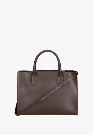 Bruine leren handtas met een gestructureerd oppervlak, rechthoekige vorm, dubbele handvaten bovenaan en een afneembare schouderriem.