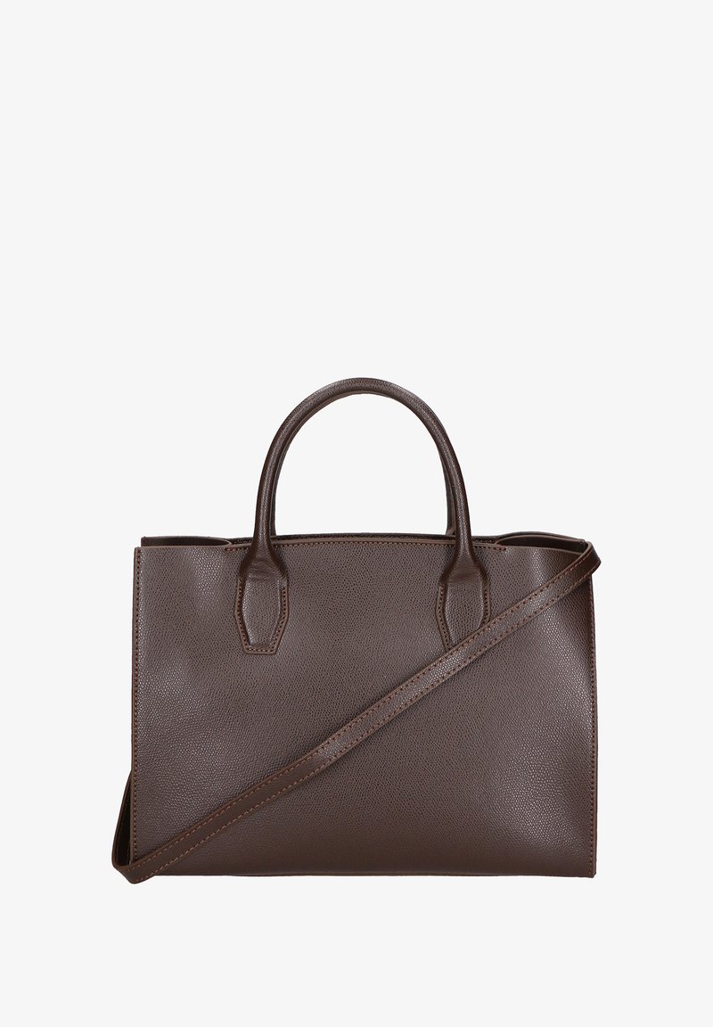 Borsa a mano in pelle marrone con superficie testurizzata, forma rettangolare, manici superiori doppi e tracolla rimovibile.