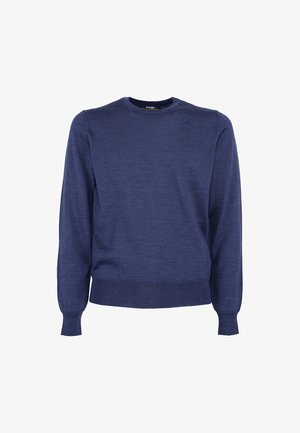 Marineblauer Pullover, langärmlig, Rundhalsausschnitt, gerippte Bündchen und Saum, aus einem weichen Stoff gefertigt, mit einem dezenten Logo auf der Schulter.