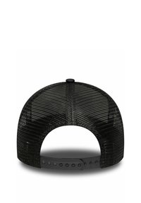 Black snapback cap with a textured mesh back, adjustable plastic strap, and a rounded crown design. Smooth finish with no visible logos.