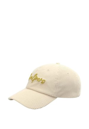 Beige kordkjole cap med en buet skygge, der har gult broderet tekst på forsiden og en struktureret overflade. Enkel design uden yderligere accenter.