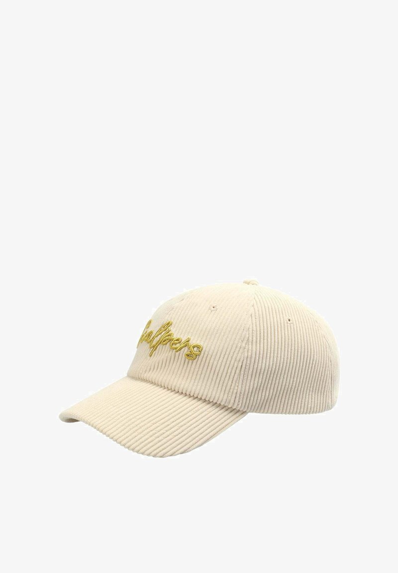 Beige Corduroy-Cap mit gebogenem Schirm, die auf der Vorderseite gelbe stickte Schriftzüge und eine strukturierte Oberfläche aufweist. Schlichtes Design ohne zusätzliche Akzente.