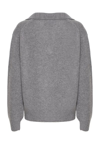 Gray knitted sweater with a relaxed fit, soft texture, and a fold-over collar. Features wide sleeves and a plain back.