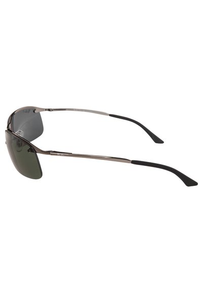 Lunettes de soleil avec des verres vert foncé, monture en métal argenté et embouts en caoutchouc noir sur les branches. Design élégant, construction légère.