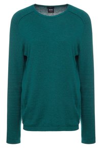 Teal långärmad tröja i mjuk stickad tyg, med rundad halsringning, avslappnad passform och ribbade muddar med minimal design.