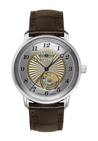 Mechanical watch with a silver dial, brown leather strap, blue hands, and gold accents. Features a visible movement and prominent numbers.