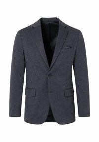 Dunkelgraue Anzugjacke aus strukturiertem Stoff mit einer Zwei-Knopf-Verschluss, Revers und zwei vorderen Taschen. Schlankere Passform.