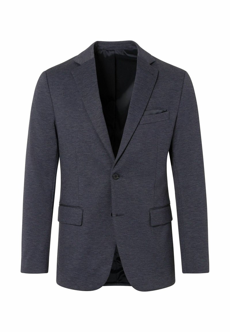 Dunkelgraue Anzugjacke aus strukturiertem Stoff mit einer Zwei-Knopf-Verschluss, Revers und zwei vorderen Taschen. Schlankere Passform.