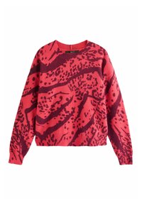 Rosa Pullover mit einem auffälligen, dunkelvioletten abstrakten Muster. Rundhalsausschnitt, lange Ärmel, gerippte Bündchen und Saum. Hergestellt aus weichem Stoff.