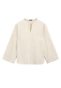 Blouse beige clair avec un décolleté en V, des manches trois-quarts et une coupe décontractée. Fabriquée en tissu doux et lisse avec des détails de couture minimaux.