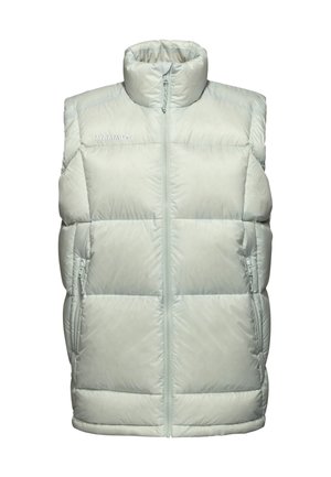 Hellgraue gepolsterte ärmellose Weste mit hohem Kragen, Frontreißverschluss, seitlichen Reißverschlusstaschen und gesticktem Markenlogo auf der Brust.
