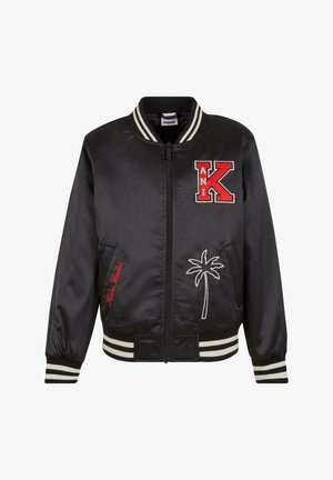 Zwarte satijnen bomberjack met rode en witte geborduurde accenten, met een palmbomenontwerp, geribde manchetten en een rits aan de voorkant.