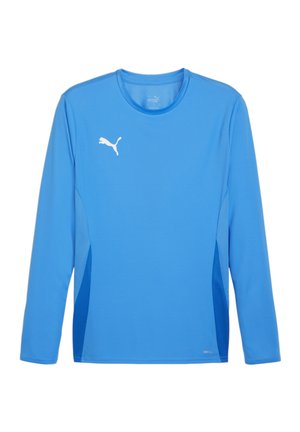 Langdurige sportshirt met lange mouwen in felblauw, met een gestructureerd blauw gaas zijpaneel, wit logo op de borst, en een gladde stofafwerking.