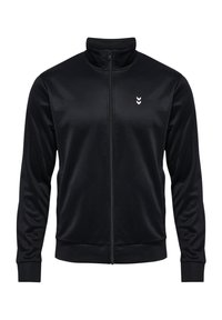 Sort zip-up jakke i glat stof med høj krave. Har et hvidt logo på brystet samt elastiske manchetter og nederkant. Simpelt design.