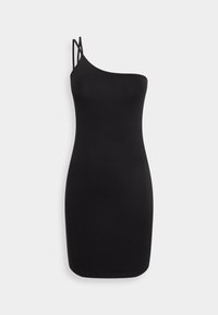 Vestido preto de um ombro só, feito de tecido elástico. Com alças finas e um silhueta ajustada, sem padrões ou adornos.