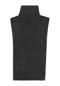 Ärmlös mörkgrå stickad pullover med hög krage och ribbad textur vid fållen, som visar en slät yta och enkel design.