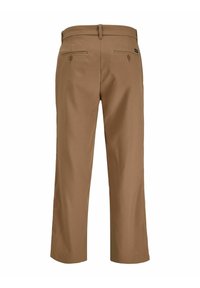 Brown trousers made of a smooth fabric, featuring a straight cut, two back pockets with buttons, and a subtle waistband detail.