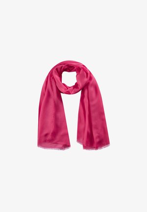 Écharpe rose vif avec une texture douce, bouclée lâchement avec des bords à franges, présentée sur un fond blanc.