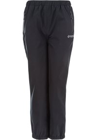 Zwarte waterdichte broek met een elastische tailleband, trekkoord en ritszakken aan de zijkant; glad materiaal met een ademende afwerking.