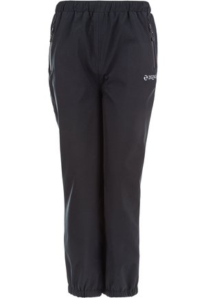 Schwarze wasserdichte Hose mit elastischem Bund, Kordelzug und seitlichen Reißverschlusstaschen; glattes Material mit atmungsaktiver Beschichtung.