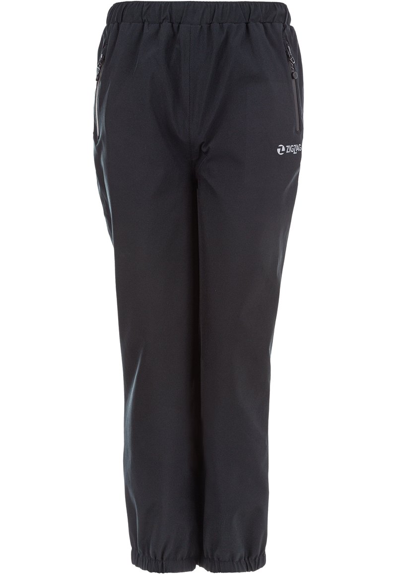 Zwarte waterdichte broek met een elastische tailleband, trekkoord en ritszakken aan de zijkant; glad materiaal met een ademende afwerking.