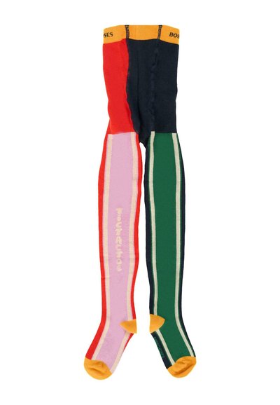 Kleurige beenwarmers met rode, marineblauwe, groene, roze en gele secties, voorzien van gestreepte accenten en tekstdetails in een zachte gebreide stof.