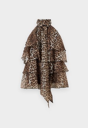 Løveprikket skjerf, lagdelt design, laget av gjennomsiktig stoff. Har volanger og en knyttet halsdetalj. Fargepaletten inkluderer brun, beige og svart.