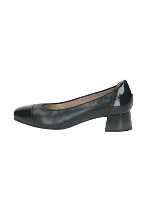 Dark green patent leather pump with a rounded toe and a block heel. The design features a smooth texture and a glossy cap toe.