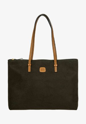 Borsa a tracolla di colore verde scuro con una texture, dotata di due manici in pelle marrone a contrasto e una chiusura con zip. Presenta un'etichetta sulla parte anteriore.