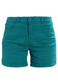 Tealfärgade jeansshorts med figurnära design, femficksmodell, knappstängning och fållade kanter, med en slät textur och livfull färg.