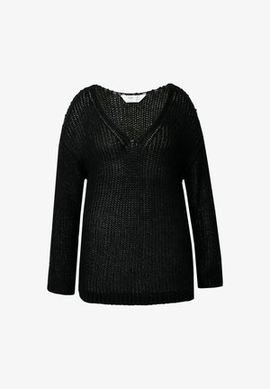 Sort strikket sweater med en løs V-hals design og lange ærmer. Har et struktureret mønster og ribbet kant.
