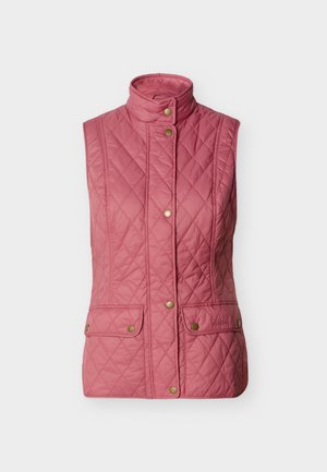 Quilted sleeveless pink vest with high collar, front snap buttons, and two flap pockets with snap closures.