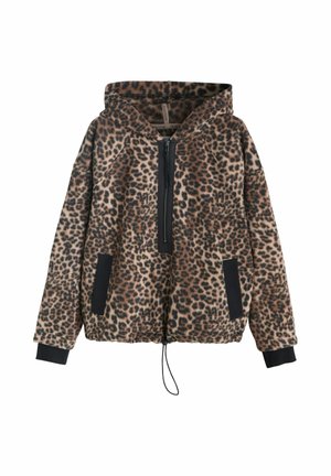 Leopard-print fleece hoodie with a central zip, black accents on pockets and cuffs, and an adjustable drawstring at the hem.