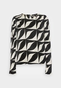 Black and white long-sleeve blouse with a geometric leaf pattern, round neckline, and slight puff sleeves made from smooth fabric.